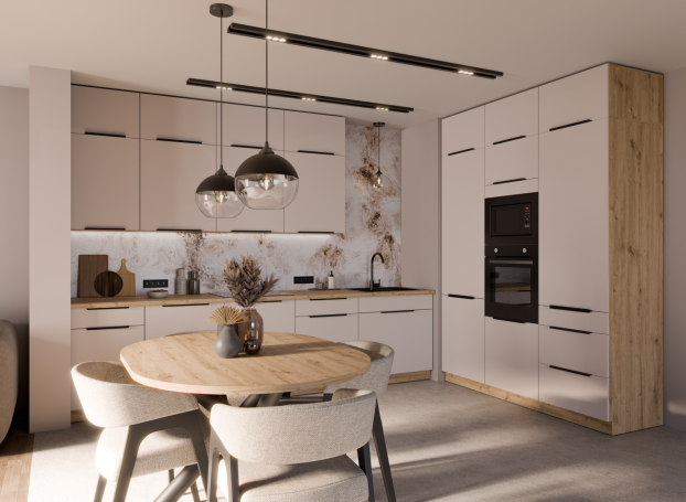Cocina modular moderna en cashmere, diseñada para maximizar la funcionalidad y el estilo, ofreciendo una alternativa a las cocinas de IKEA